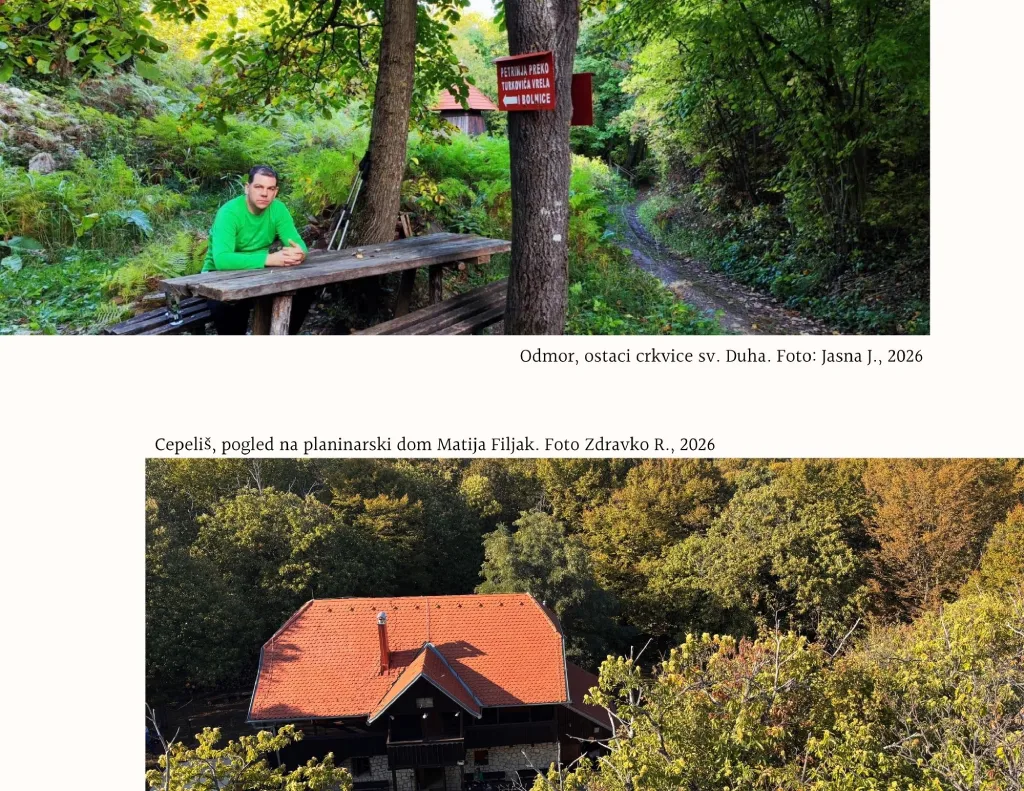 Hrastovička gora, odmor pored ostataka crkvice i pogled na planinarski dom. Foto Jasna J., Zdravko R.
